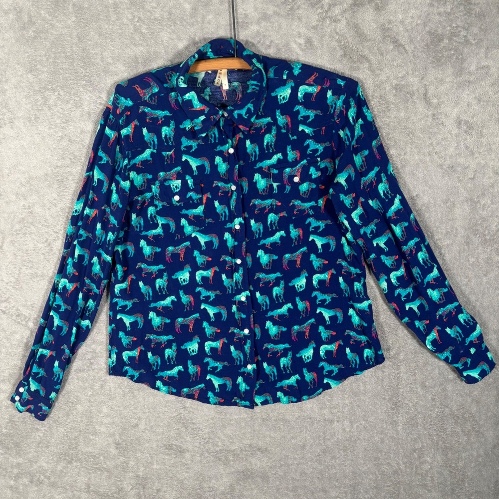 Roper Womens Horse Print Rayon Pearl Snap Button Blue Turquoise Size M Western